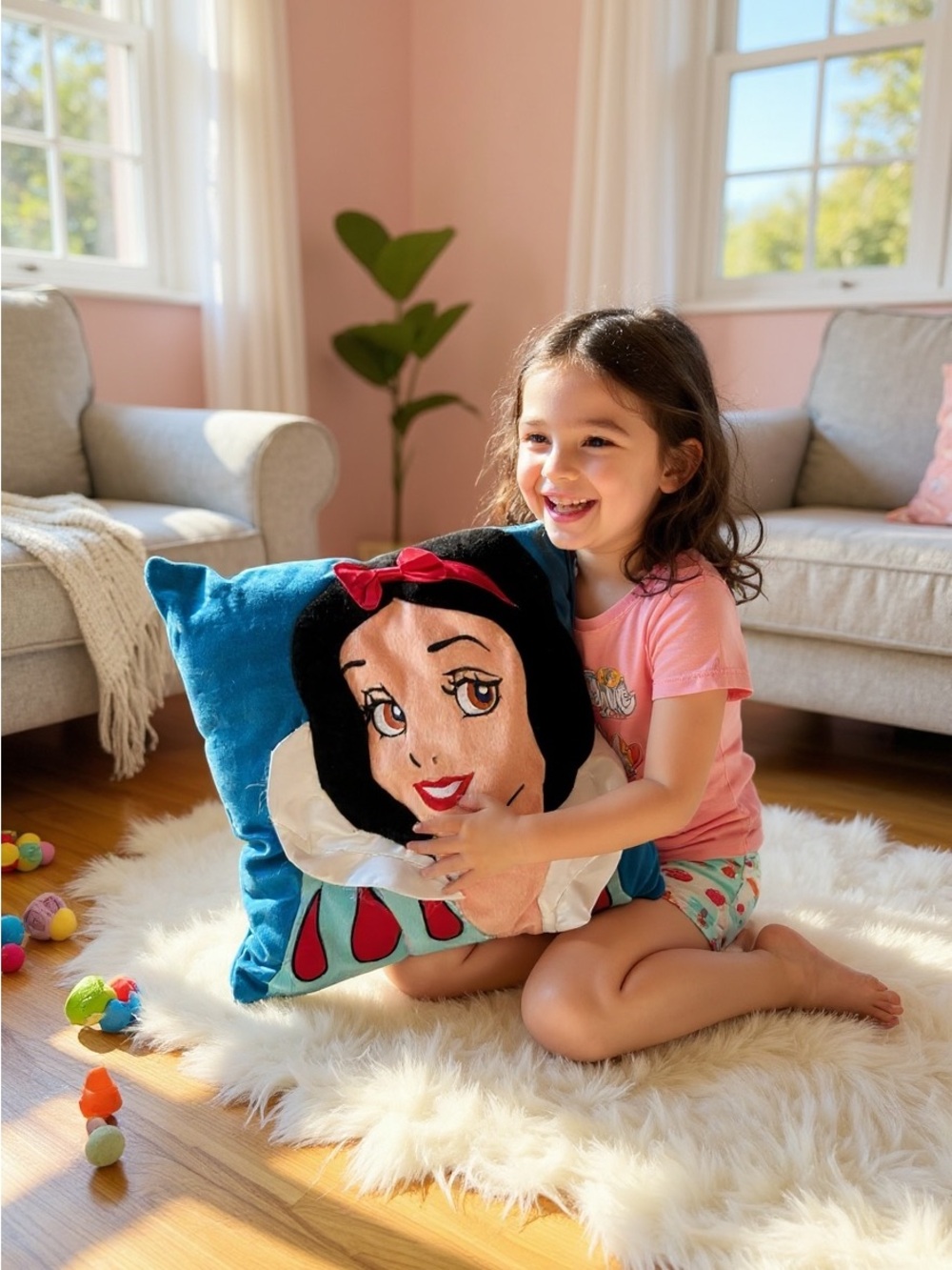 Disney ‘s Blue Snow Princess Face Accent Pillow with Red Bow